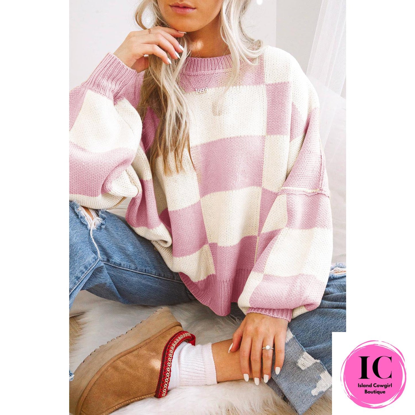 Dark Brown Checkered Bishop Sleeve Sweater