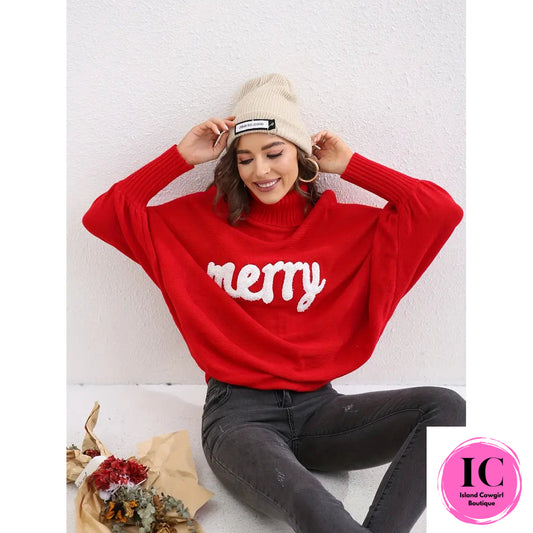 Be Merry Patched Red Turtleneck Sweater