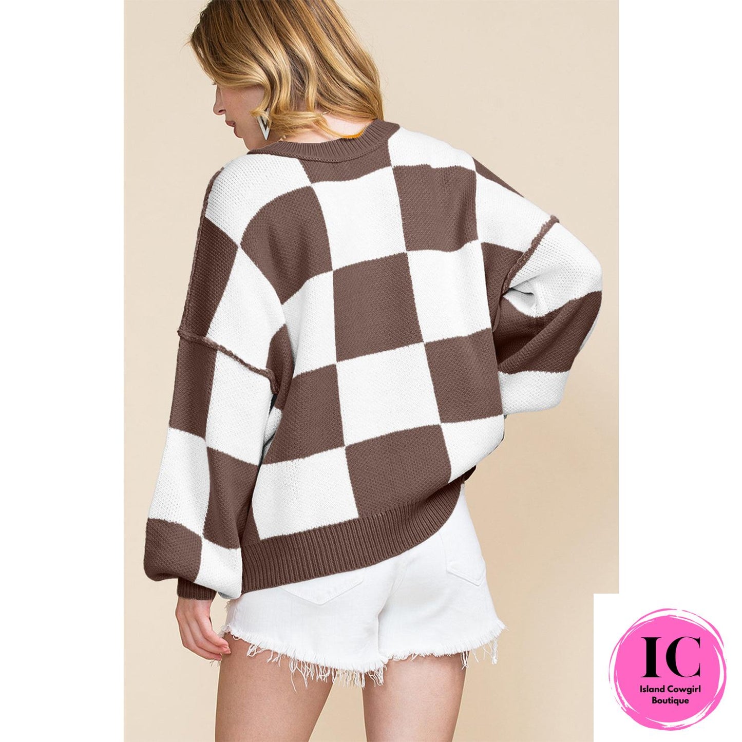 Dark Brown Checkered Bishop Sleeve Sweater