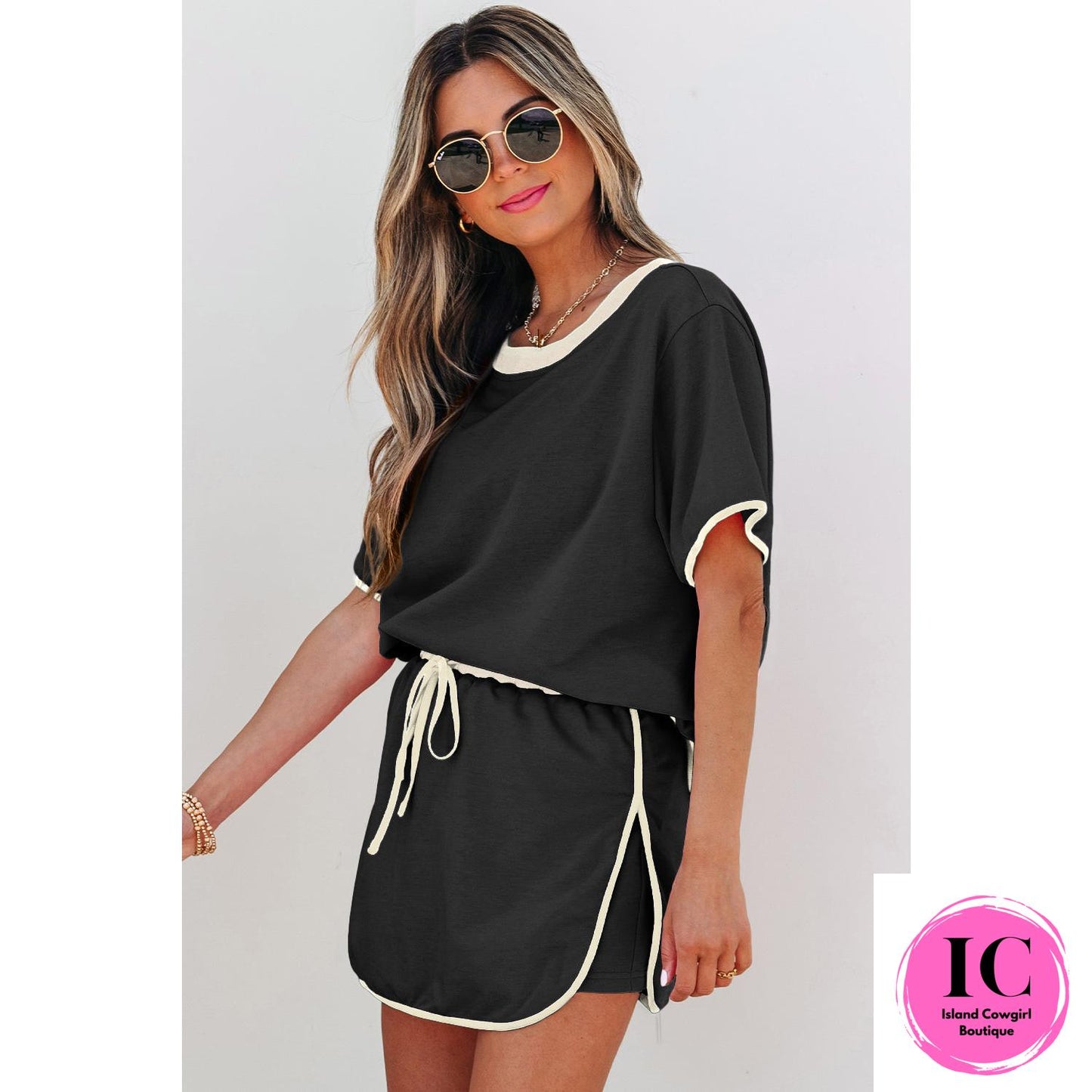 Turquoise Colorblock Edge Drop Shoulder T Shirt and Skort