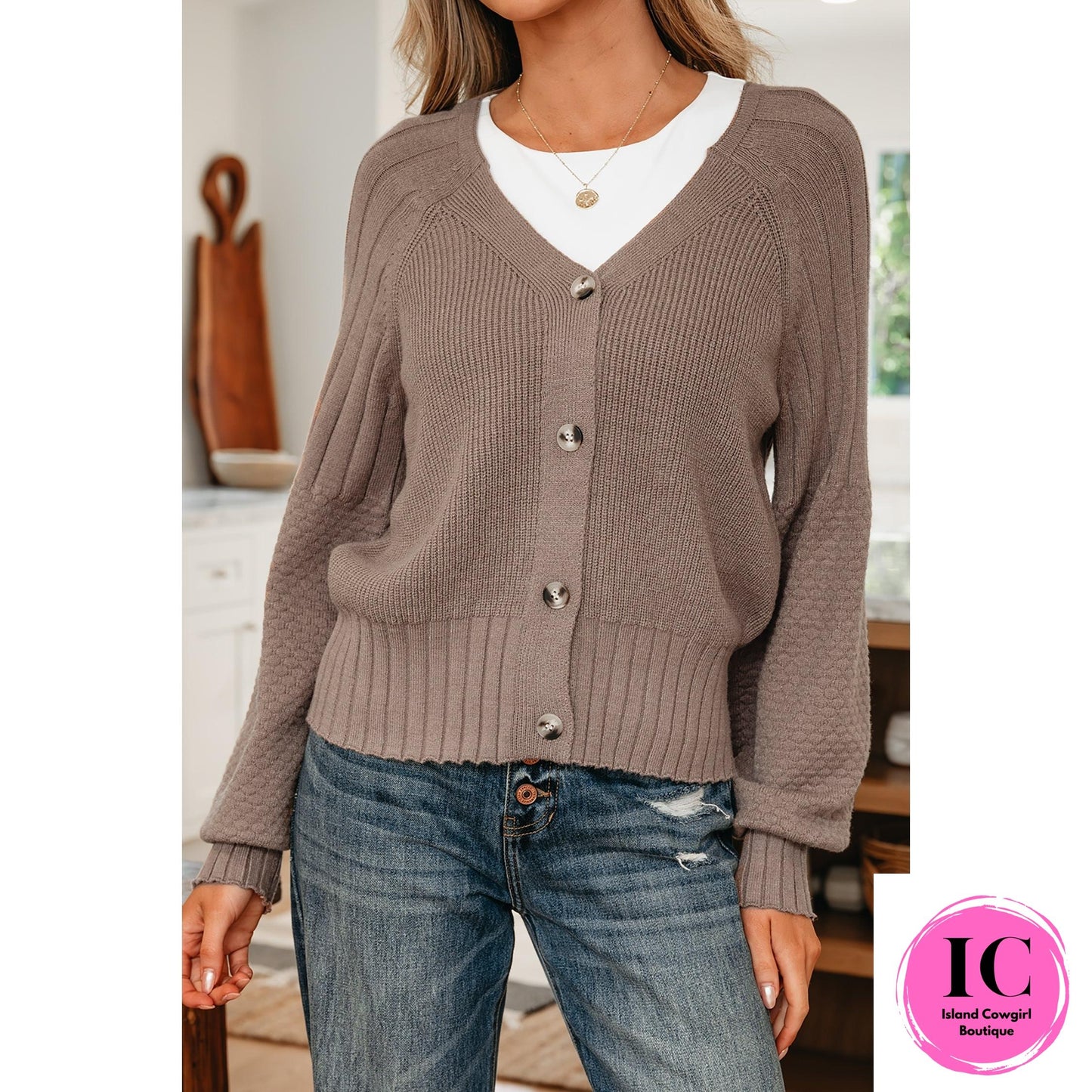 Light Pink Mixed Texture Knit Button V Neck Sweater Cardigan