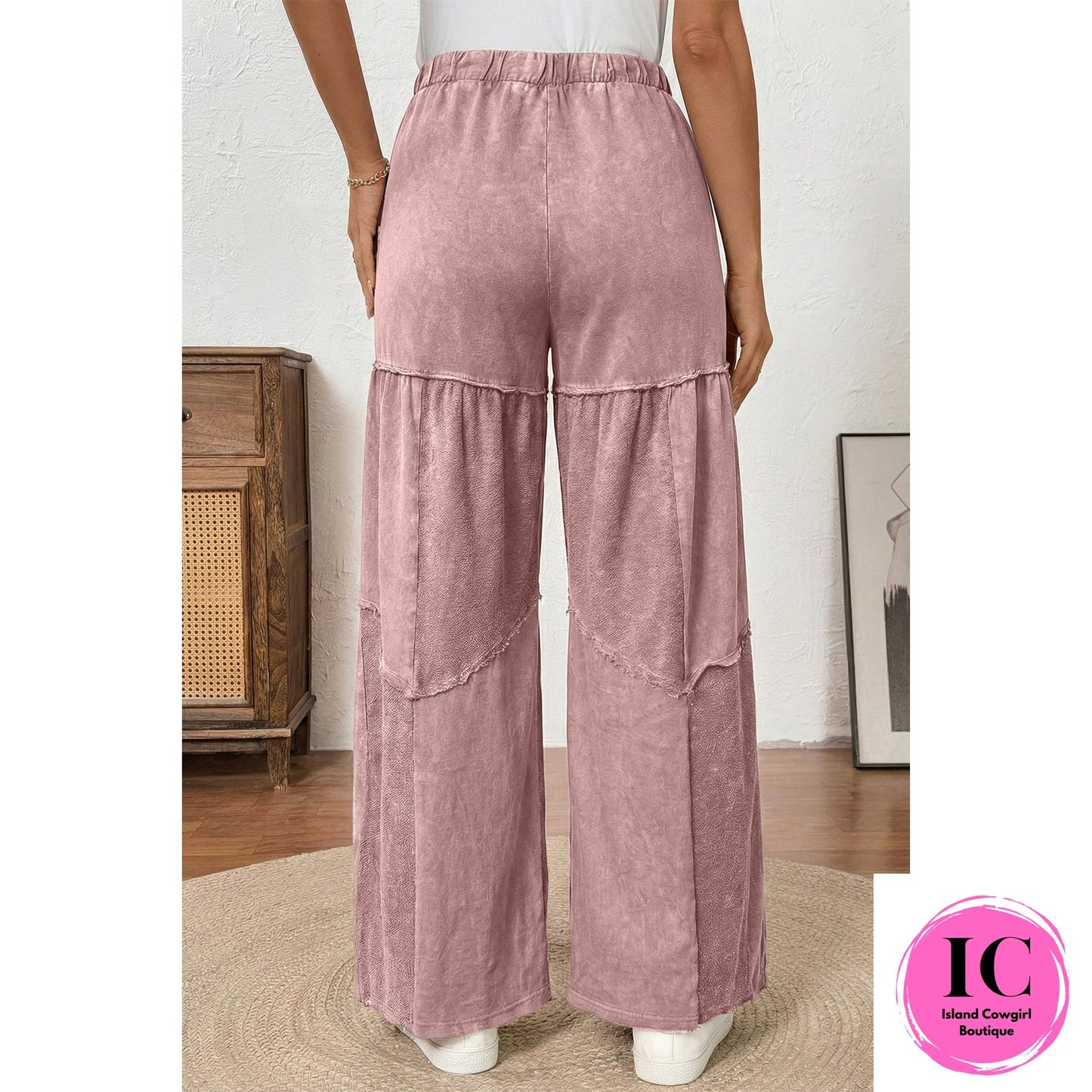 Black Mineral Wash Tiered Wide Leg Patchwork Drawstring Pants