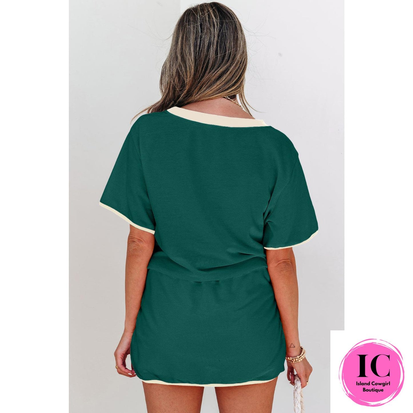 Turquoise Colorblock Edge Drop Shoulder T Shirt and Skort
