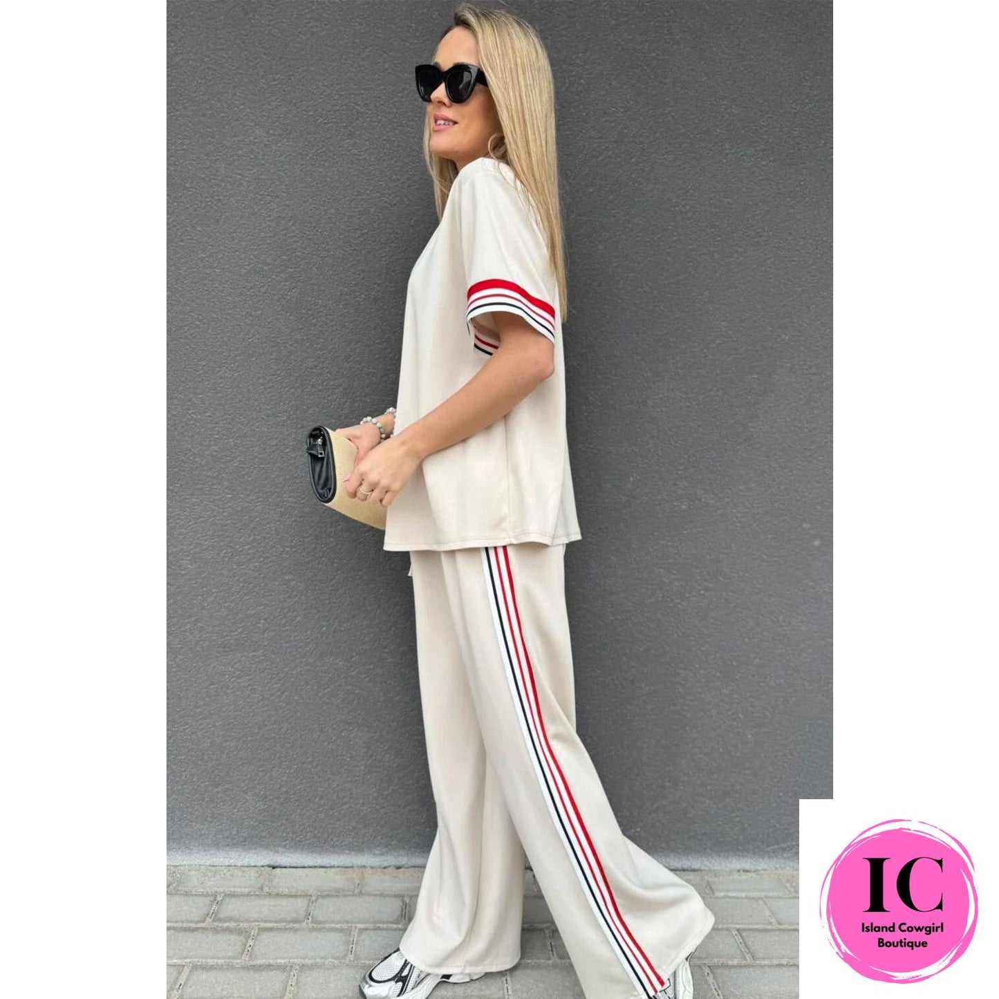 Jet Stream Contrast Striped Trim Crewneck T Shirt Loose Straight Pants Set