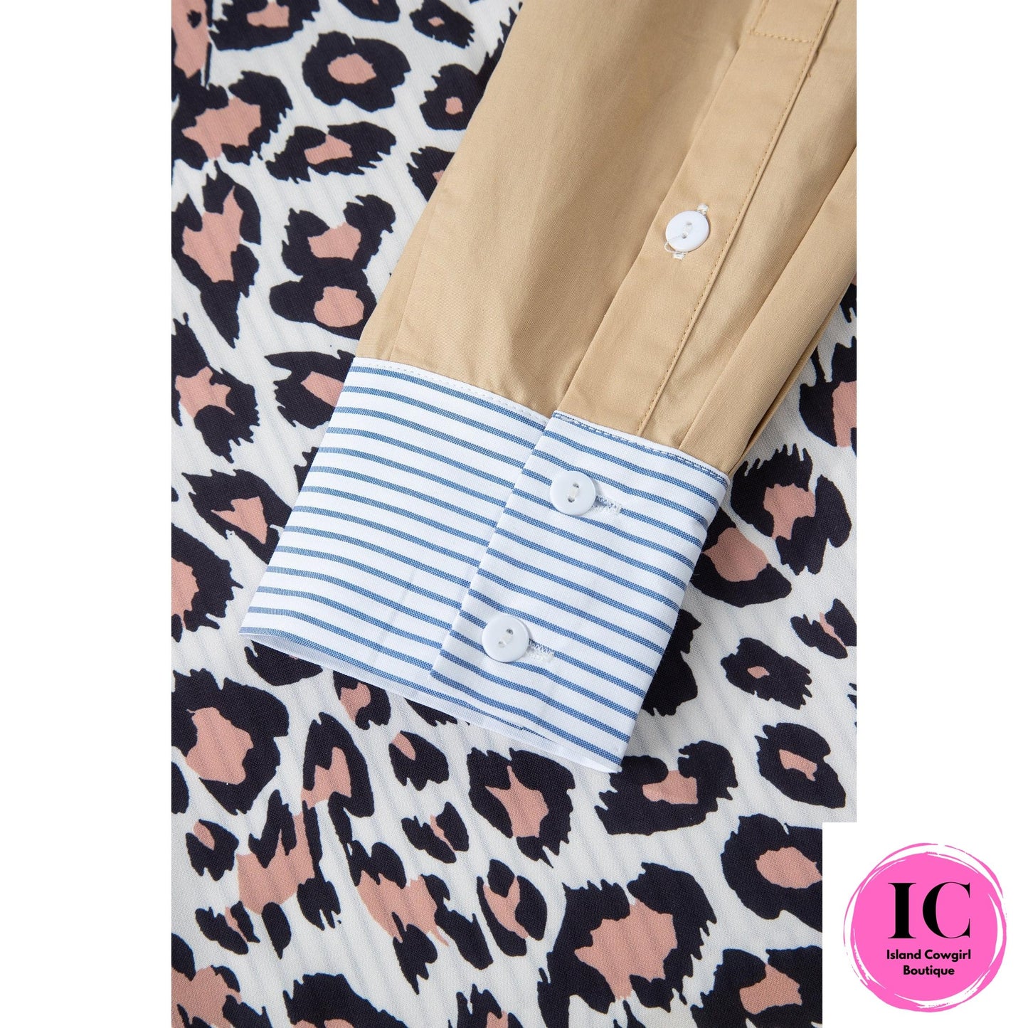 Sky Blue Stripe Colorblock Leopard Patchwork Chest Pocket Cuffed Sleeve Shirt