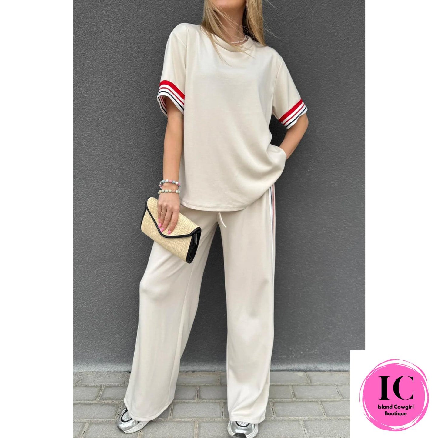 Jet Stream Contrast Striped Trim Crewneck T Shirt Loose Straight Pants Set