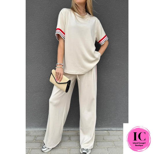 Jet Stream Contrast Striped Trim Crewneck T Shirt Loose Straight Pants Set