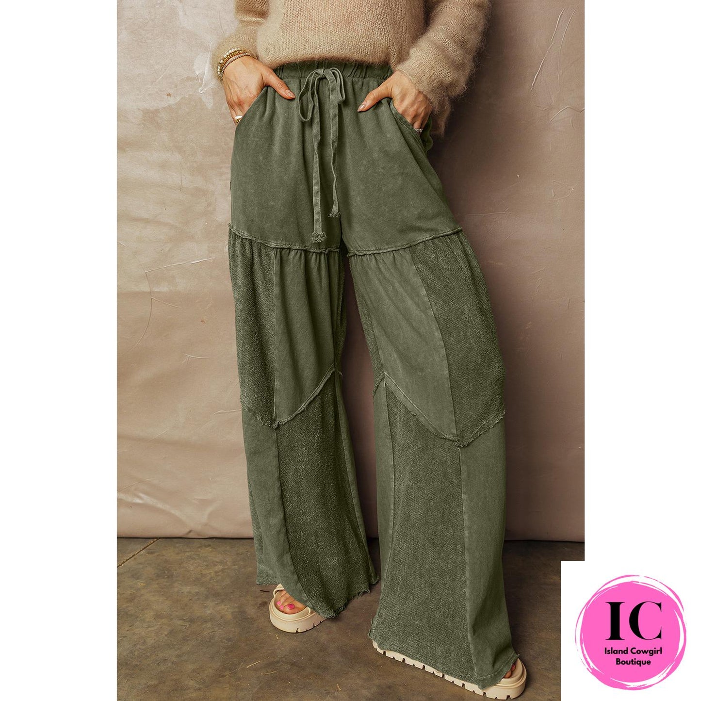 Wild Ginger Careys Mineral Wash Tiered Wide Leg Patchwork Drawstring Pants