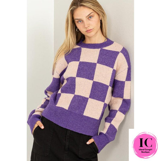 Weekend Chills Checkered Long Sleeve Sweater