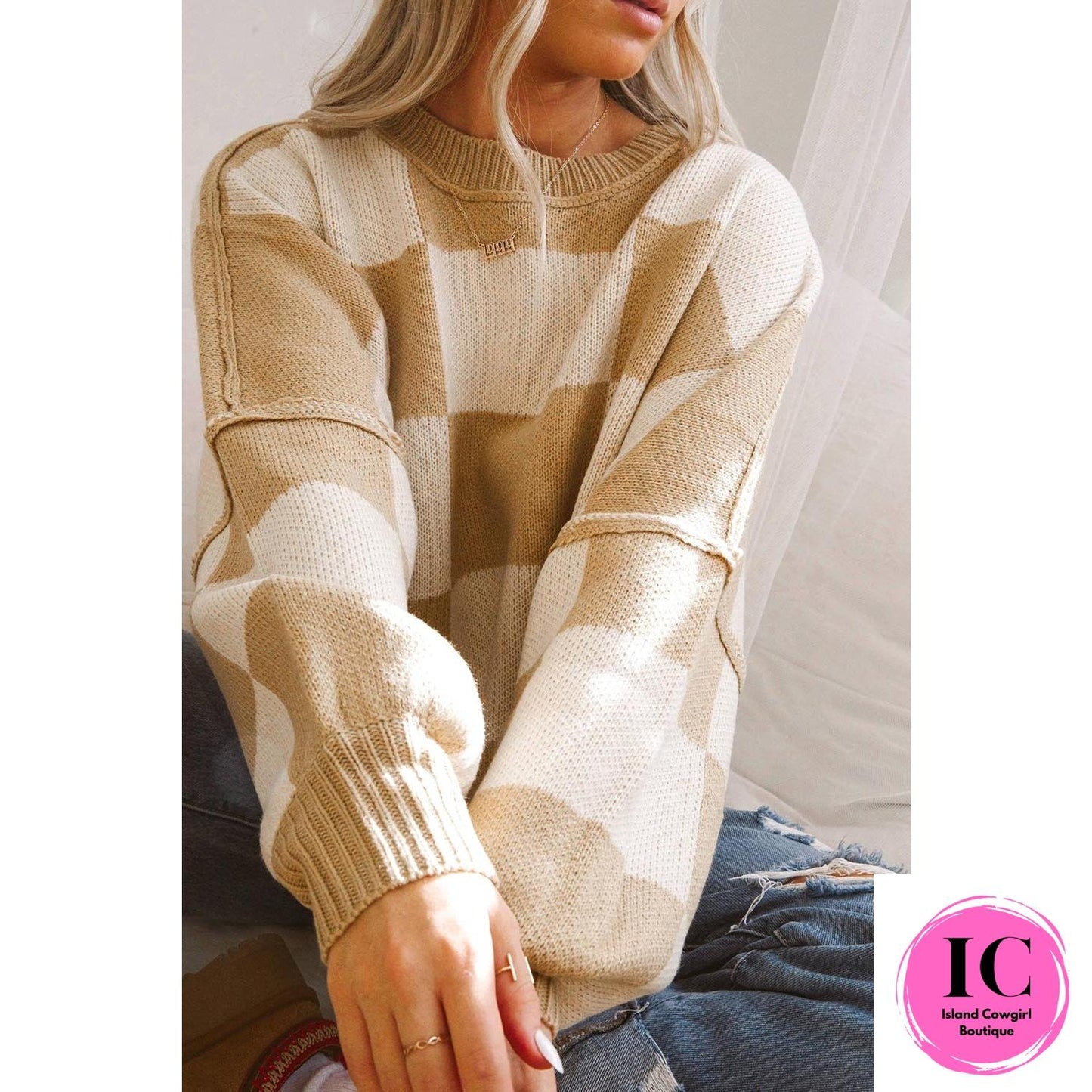 Dark Brown Checkered Bishop Sleeve Sweater