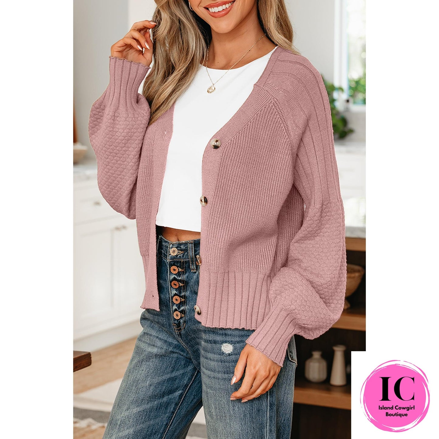 Light Pink Mixed Texture Knit Button V Neck Sweater Cardigan