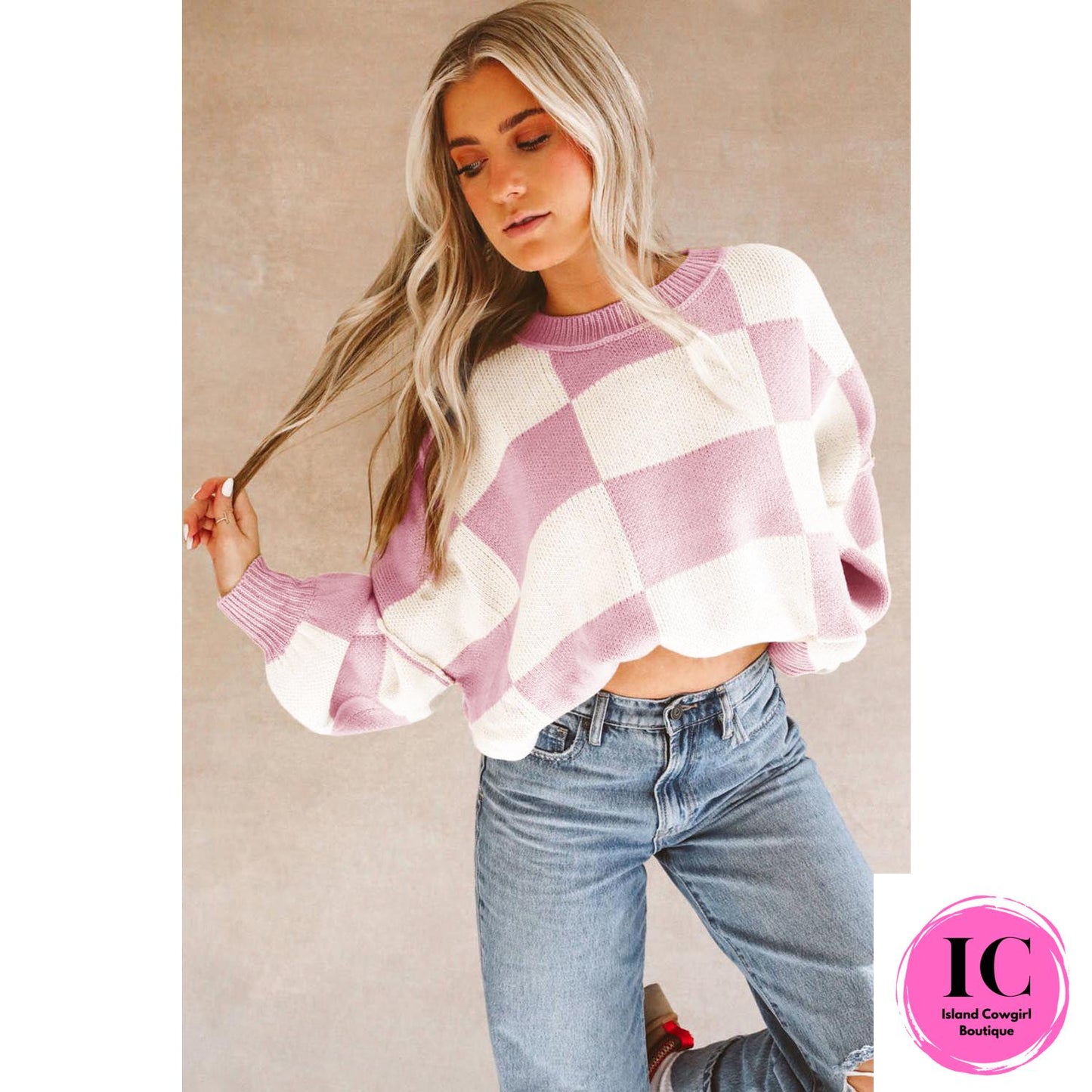 Dark Brown Checkered Bishop Sleeve Sweater