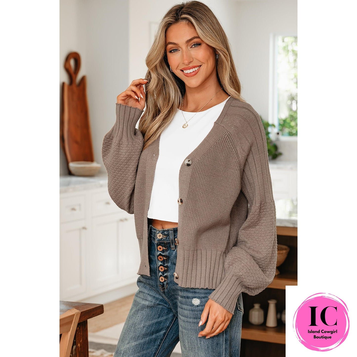 Light Pink Mixed Texture Knit Button V Neck Sweater Cardigan