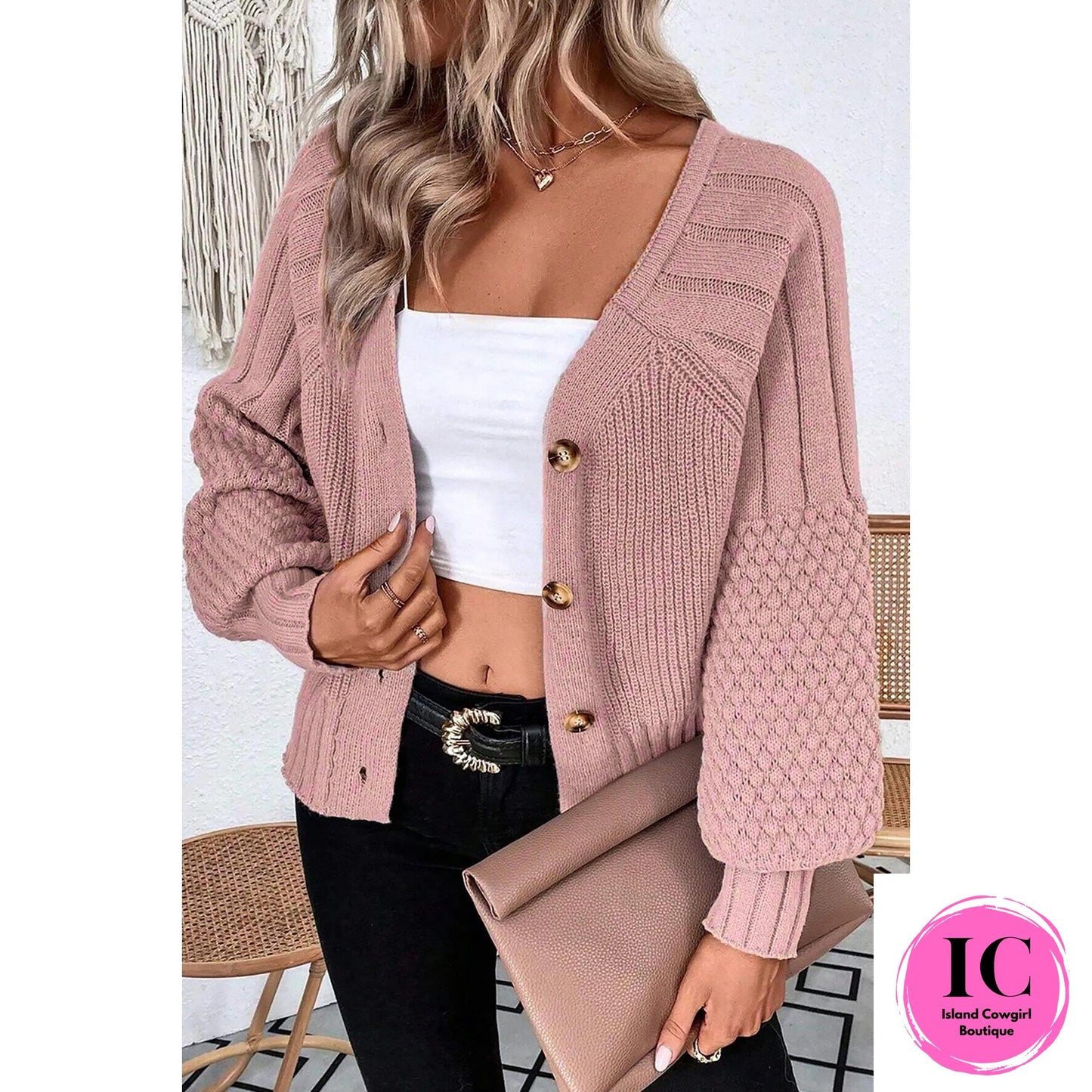 Light Pink Mixed Texture Knit Button V Neck Sweater Cardigan