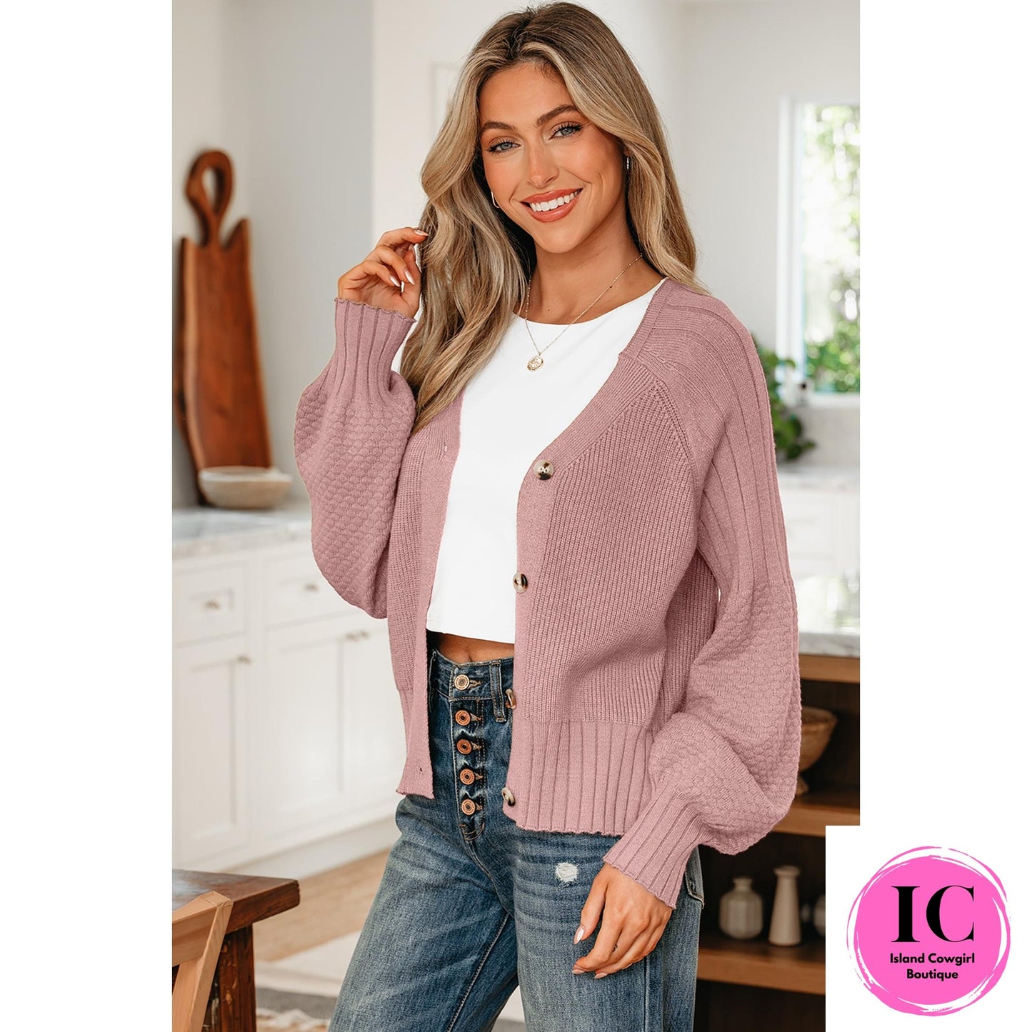 Light Pink Mixed Texture Knit Button V Neck Sweater Cardigan