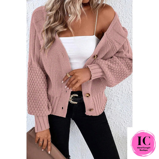 Light Pink Mixed Texture Knit Button V Neck Sweater Cardigan