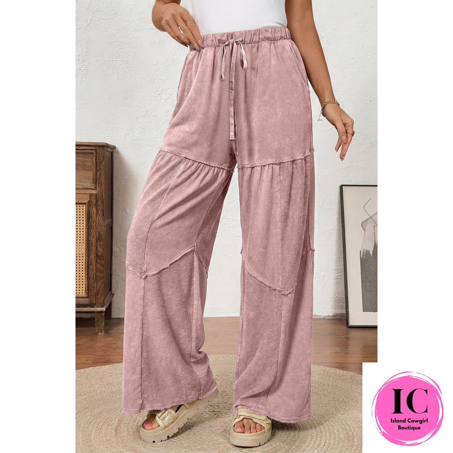 Black Mineral Wash Tiered Wide Leg Patchwork Drawstring Pants