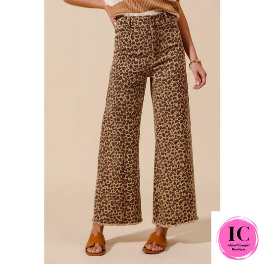 Mid Rise Leopard Denim Frayed Hem Pants