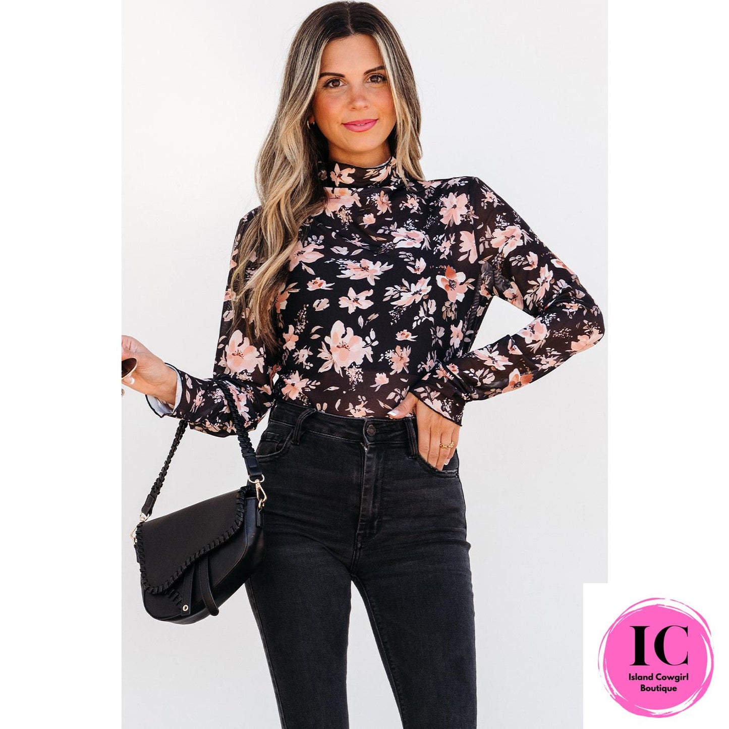 Black Floral Mesh Mock Neck Long Sleeve Slim Fit Top