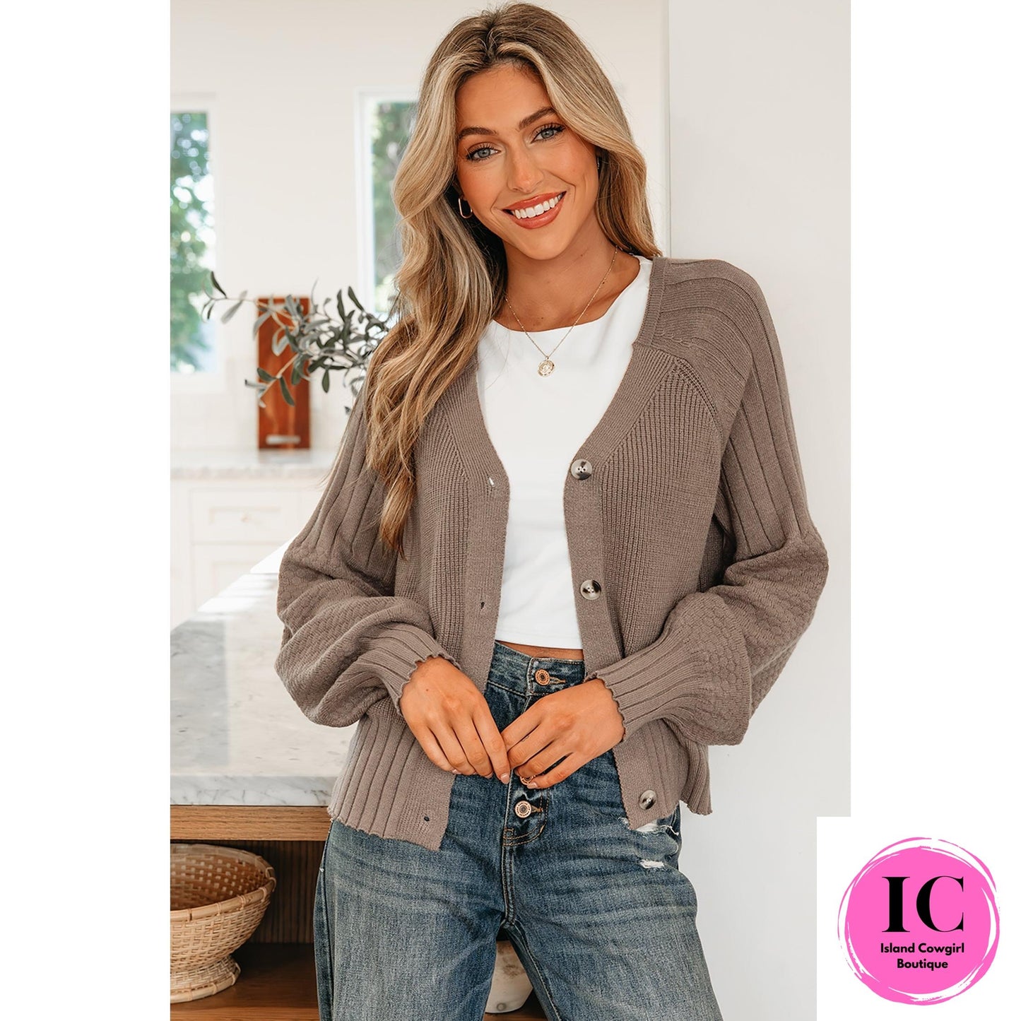 Light Pink Mixed Texture Knit Button V Neck Sweater Cardigan