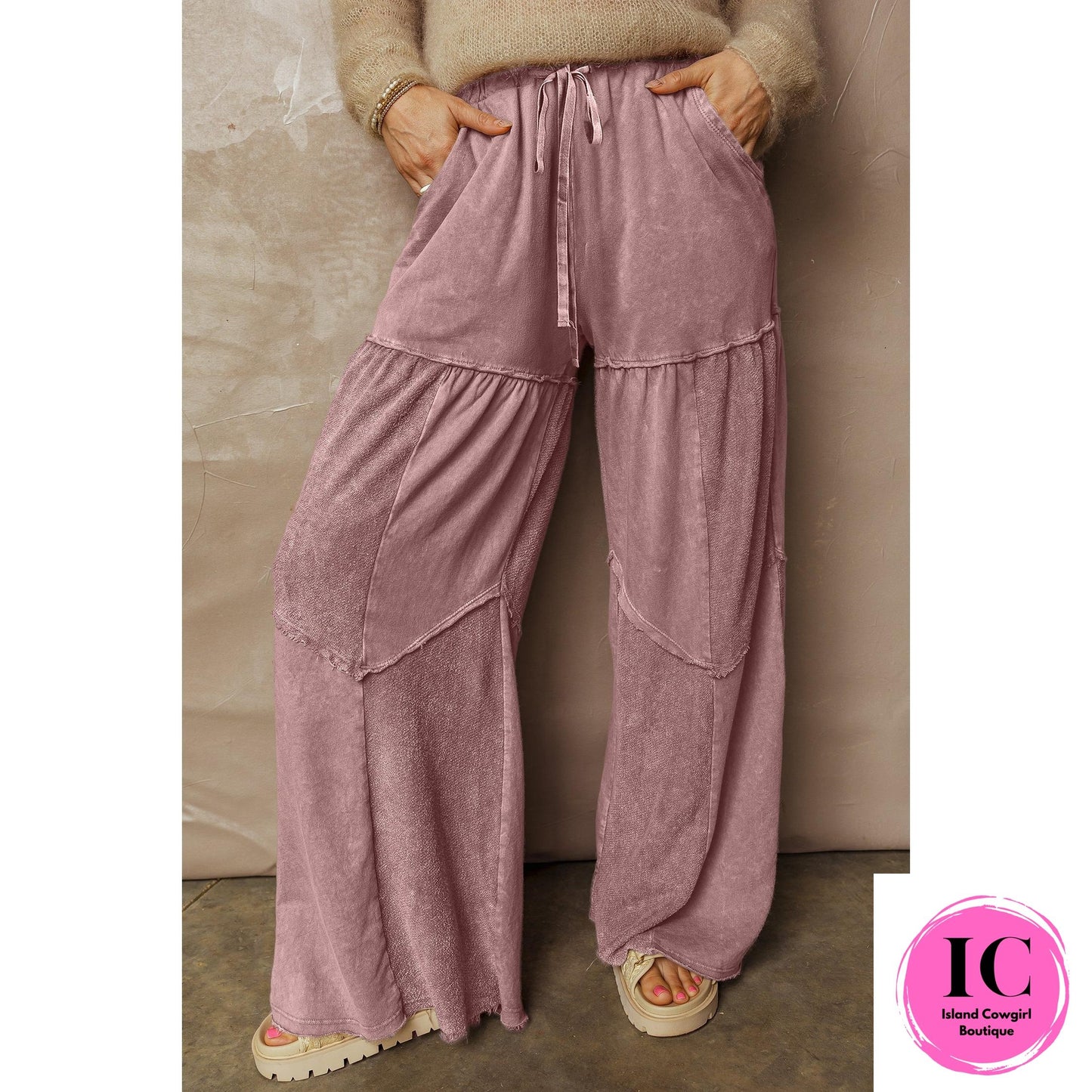 Black Mineral Wash Tiered Wide Leg Patchwork Drawstring Pants