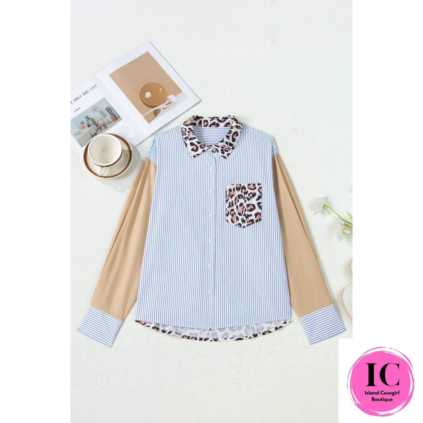 Sky Blue Stripe Colorblock Leopard Patchwork Chest Pocket Cuffed Sleeve Shirt