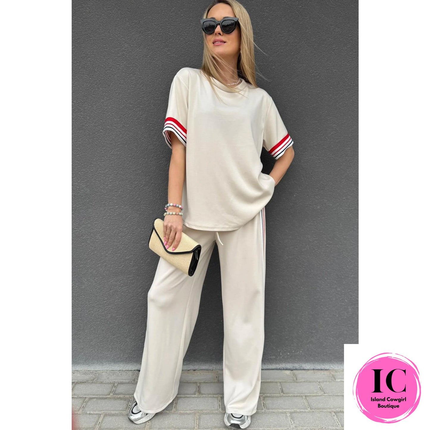 Jet Stream Contrast Striped Trim Crewneck T Shirt Loose Straight Pants Set