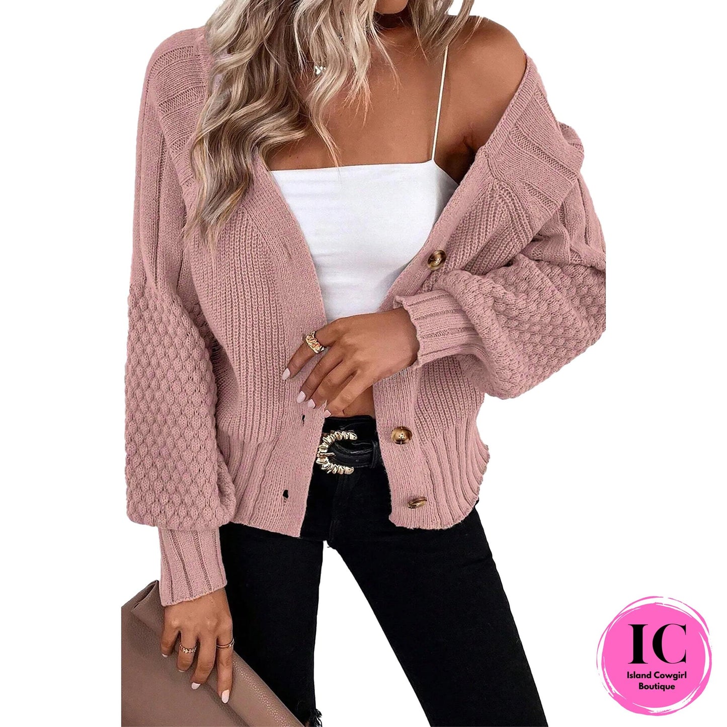 Light Pink Mixed Texture Knit Button V Neck Sweater Cardigan