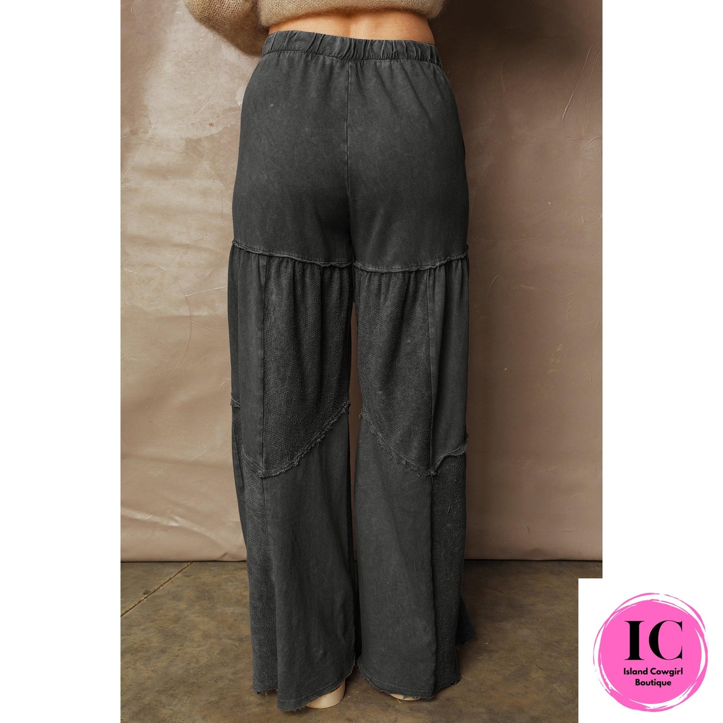 Black Mineral Wash Tiered Wide Leg Patchwork Drawstring Pants
