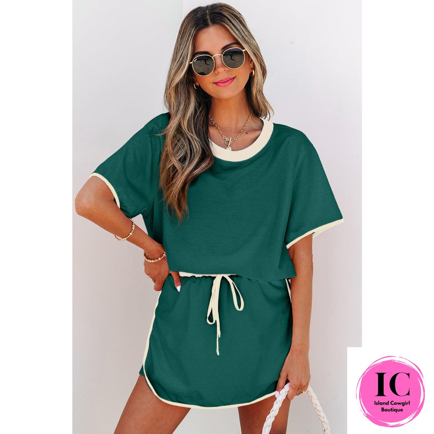 Turquoise Colorblock Edge Drop Shoulder T Shirt and Skort