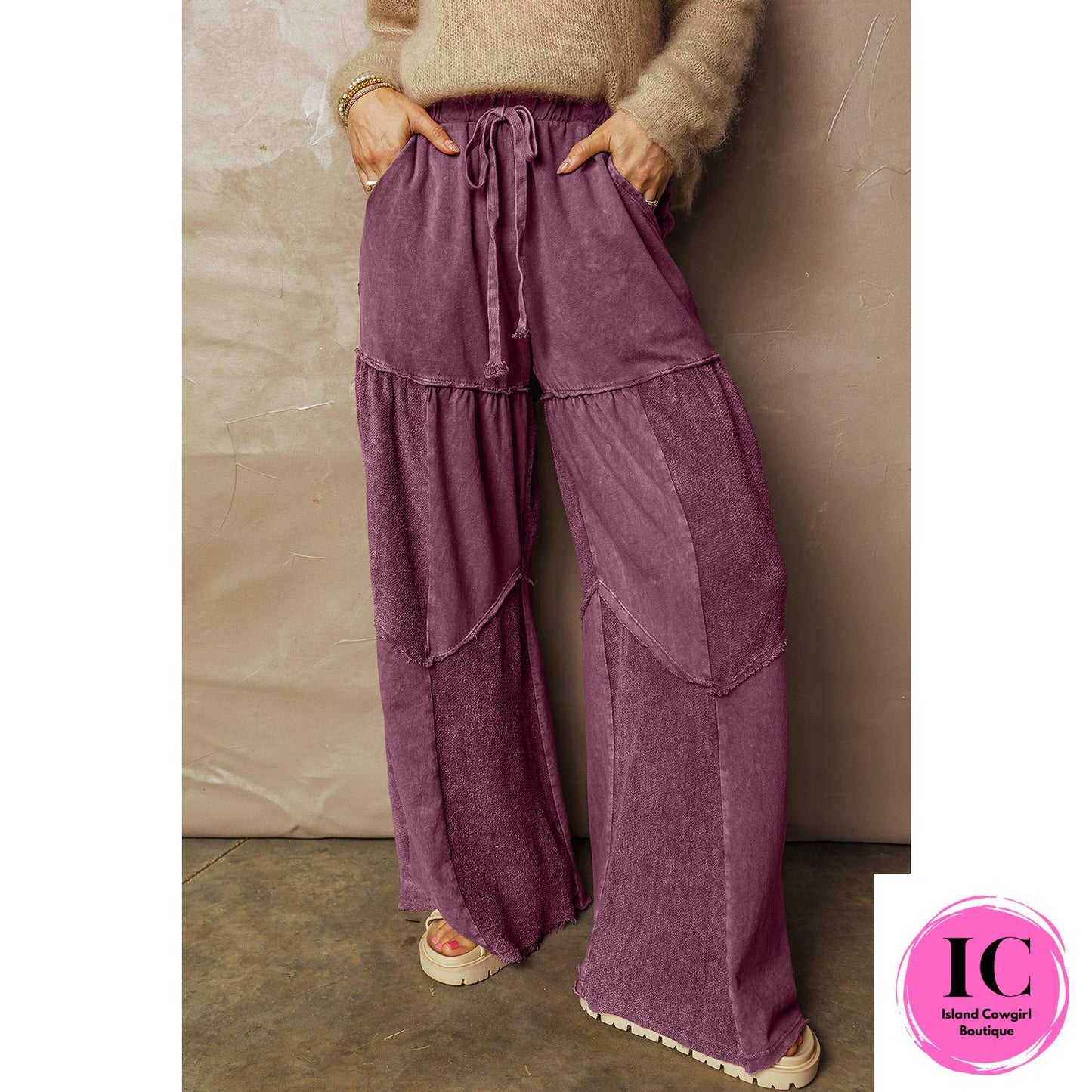 Wild Ginger Careys Mineral Wash Tiered Wide Leg Patchwork Drawstring Pants