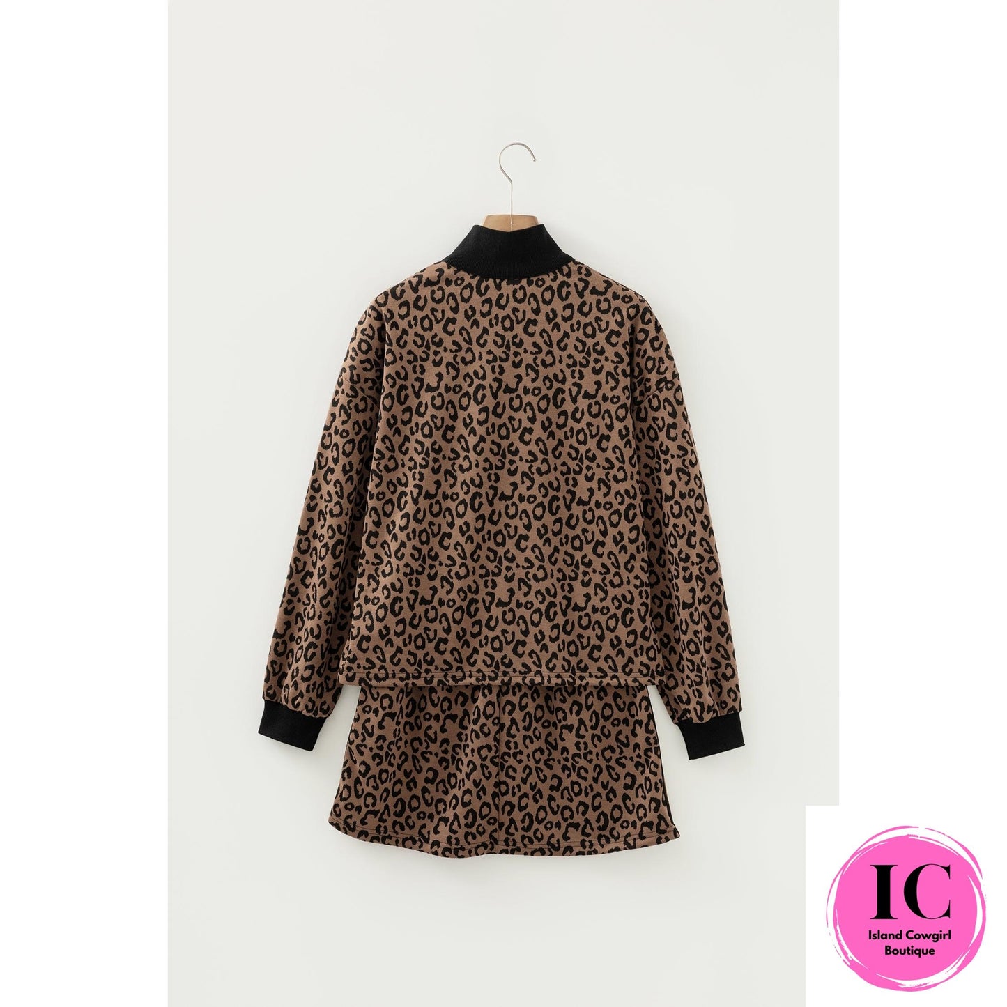 Khaki Leopard Print Quarter Zip Long Sleeve Top Mini Skirt Set