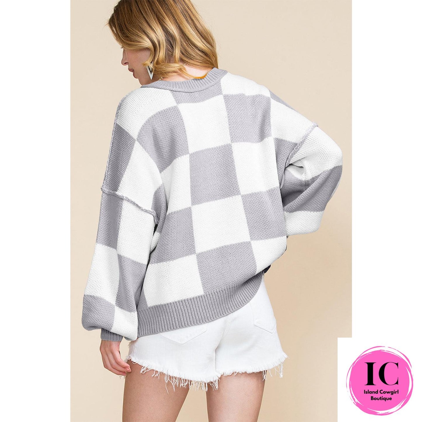 Dark Brown Checkered Bishop Sleeve Sweater