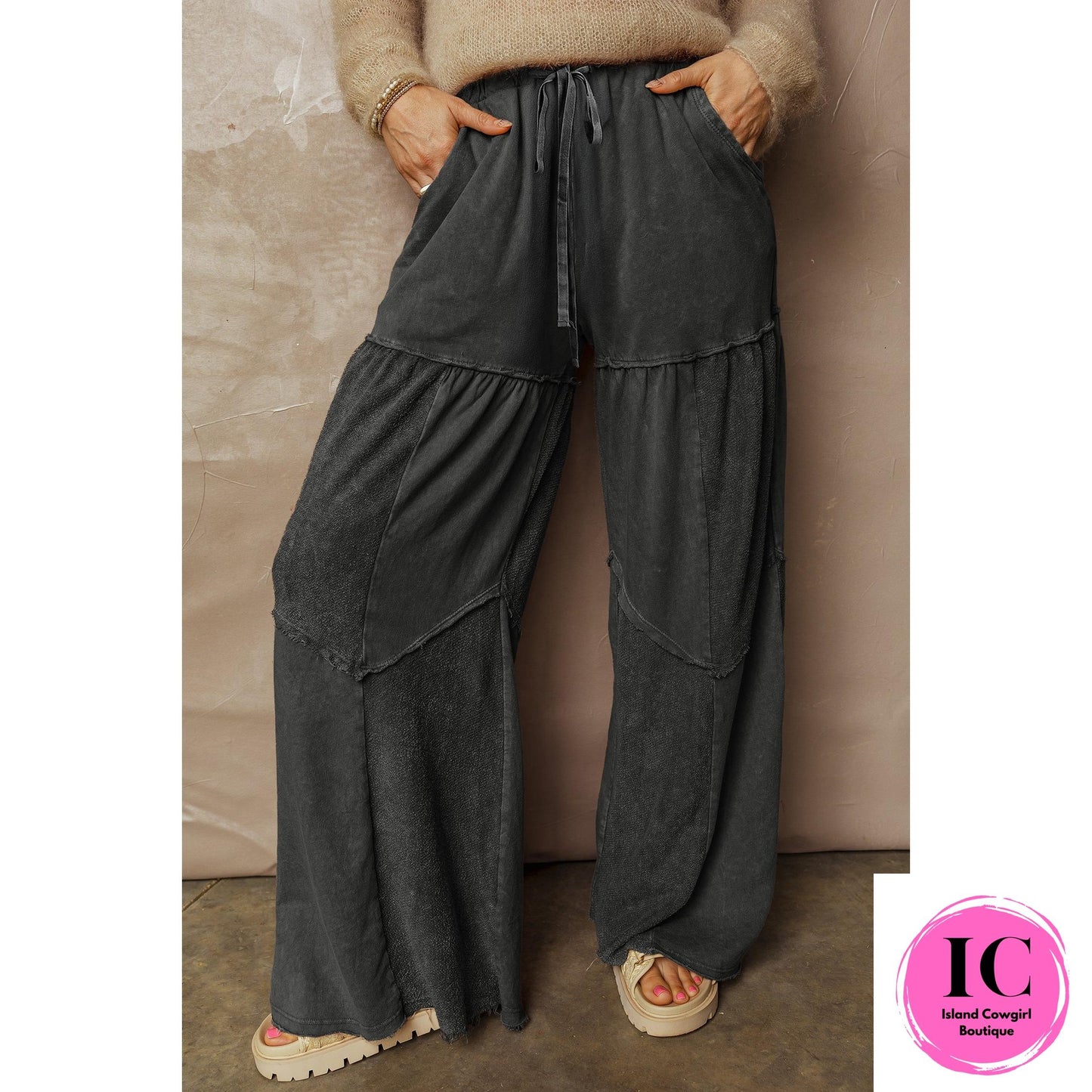 Black Mineral Wash Tiered Wide Leg Patchwork Drawstring Pants