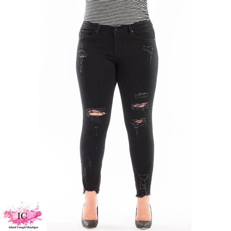 Black Magic Distressed Skinny Jeans - Island Cowgirl Boutique black jeans, small holes, distressed, Kancan jeans, comfortable 